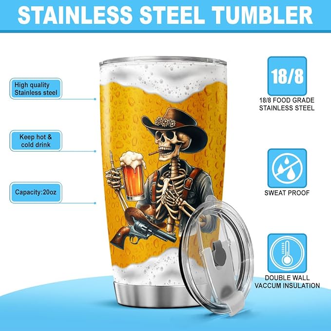 Funny Skeleton Cowboy Beer Mug, Might Be Water Might Be Beer 20oz Insulated Stainless Steel Tumbler, Unique Gag Gift for Men, Birthday for Dad, Husband, Brother, Friend