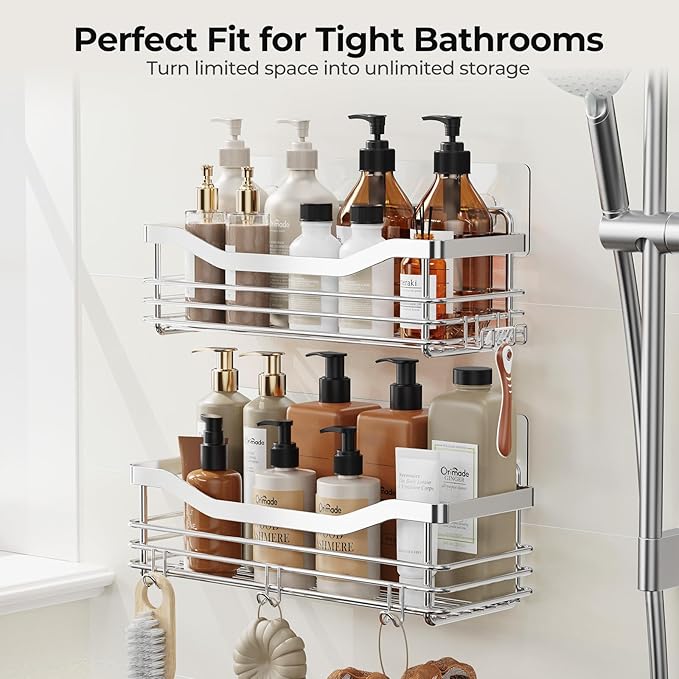 Orimade Shower Caddy Basket Shelf Storage Rack Pack of 2, No Drilling Wall Mounted Adhesive Rust Resistant Stainless Steel Shower Organizer with 5 Hooks for Bathroom, Toilet, Kitchen