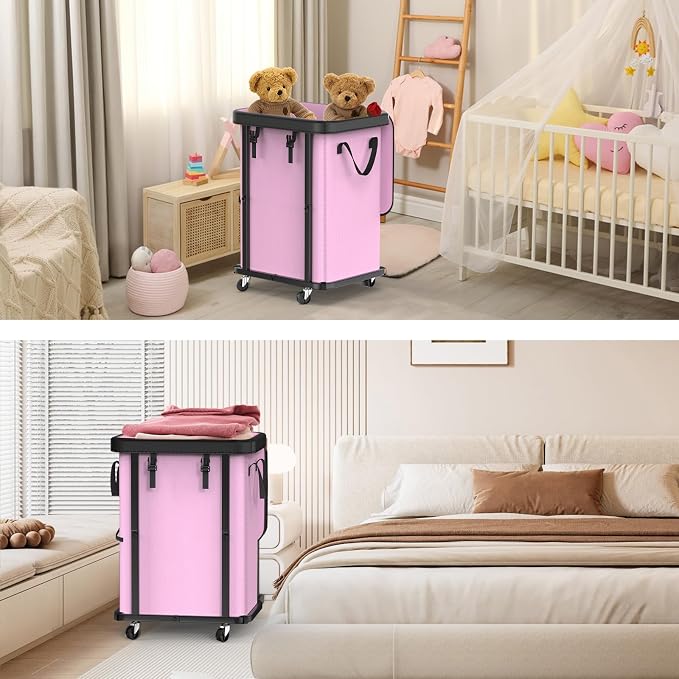 150L (40 Gal) Large Fashion Laundry Basket with Wheels, Leather Patchwork Rolling Hamper Carts, Sturdy Metal Frame, Removable Washable Bag, Tall Clothes Sorter for Bedroom (Pink, 1 Section-150L)