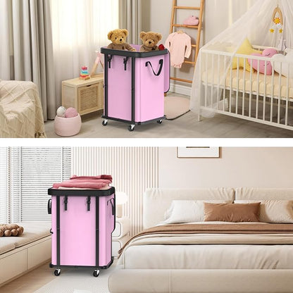 150L (40 Gal) Large Fashion Laundry Basket with Wheels, Leather Patchwork Rolling Hamper Carts, Sturdy Metal Frame, Removable Washable Bag, Tall Clothes Sorter for Bedroom (Pink, 1 Section-150L)