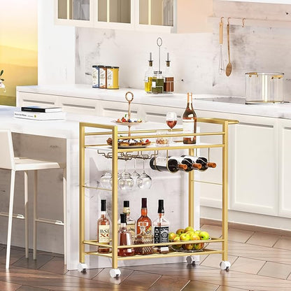 Bar Cart,Home Bar Serving Cart with Storage Shelves, 2 Tier Rolling Beverage Cart with Wheels, Modern Wine Cart with Wine Rack and Glass Holder for Kitchen, Living Room,Dinning Room,Gold