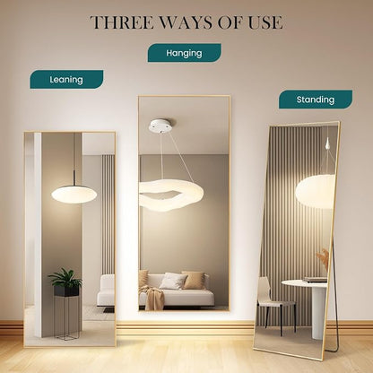 NEWBULIG Mirror Full Length, 64"x21" Body Wall Mirrors with Shatter-Proof Glass, Upgraded Floor Standing Mirror, Hanging or Leaning, with Stand Aluminum Alloy Frame for Home Decor, Bedroom, Gold