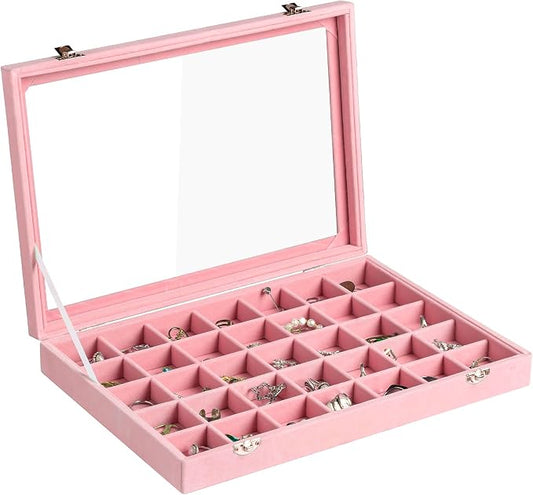 Frebeauty Velvet Jewelry Tray,35 Grid Jewelry Organizer with Clear Lid,Earring Holder Organizer Case with Clasp,Drawer Insert for Rings Studs,13.8 x 9.5 x 2 Inches,Gift for Women Girls(Pink)