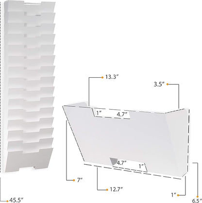 Wallniture Lisbon 15-Tier Wall Mounted File Holder and Desk Organizer, Metal White Office Organization and Storage Rack