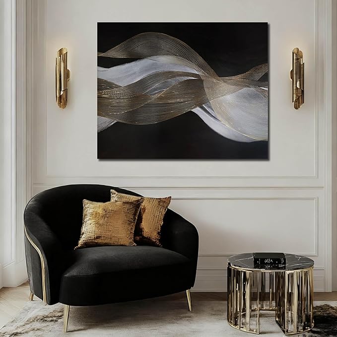 ZENPEE Modern Gold and White Wave Wall Art, Hand Painted on Canvas, Black Background, Textured Wall Art, Framed, Ready to Hang, Contemporary Decor for Living Room Office 32x40 In