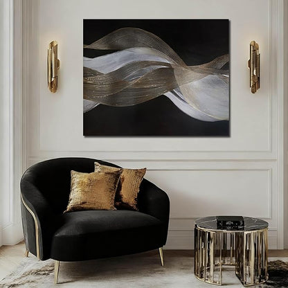ZENPEE Modern Gold and White Wave Wall Art, Hand Painted on Canvas, Black Background, Textured Wall Art, Framed, Ready to Hang, Contemporary Decor for Living Room Office 32x40 In