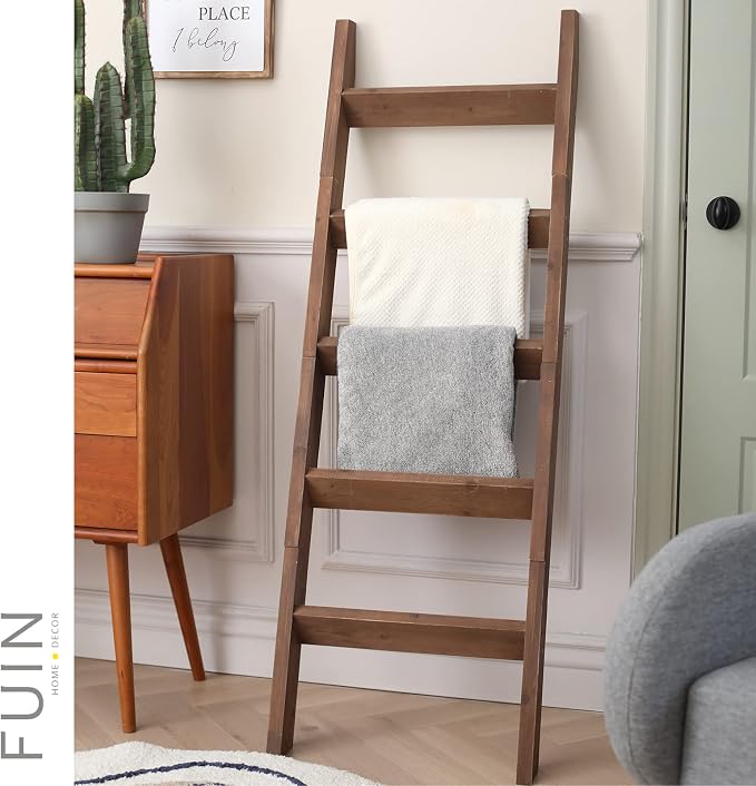 FUIN 5ft (58") Wood Blanket Ladder Living Room Decorative Wall Leaning Farmhouse Quilt Display Holder Storage Rustic Wooden Towel Rack for Bathroom, Brown
