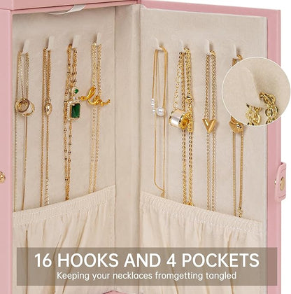 AKOZLIN 6-Tier Jewelry Box Organizer Functional 5 Drawers Leather Jewelry Storage Case for Women Girls Ring Necklace Earring Bracelet Holder Organizer with Mirror Pink