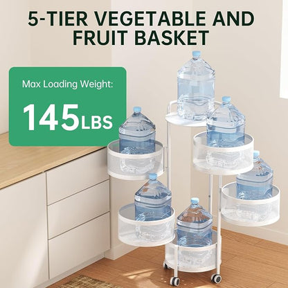 JAQ No Assembly 5-Tier Kitchen Storage Cart with Wheels, Rotating Produce Organizer for Onion, Potato & Vegetable Storage, Large Capacity Pantry Rack, White