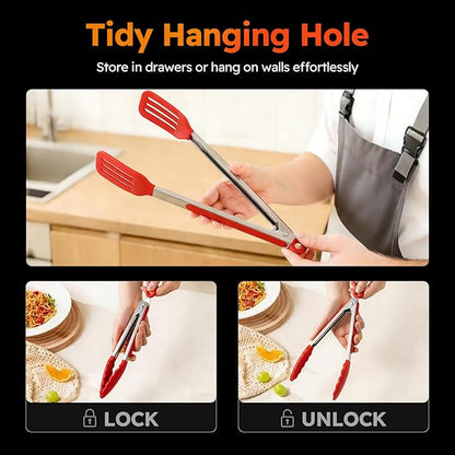 HST Tongs for Cooking with Silicone Tips(3 Pack), Non Stick Kitchen Tongs with Silicone Tip for Cooking BBQ Baking (12", Red)