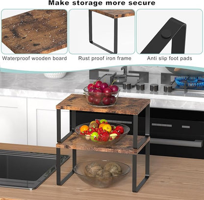 Set of 4 Counter Shelves Kitchen Stackable Cabinet Shelf Wood Organizer Expandable Counter Top Racks Brown Bathroom Counter organizer