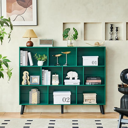 LEYAOYAO 10 Cube Bookshelf, 3 Tier Vintage 55" Wide Bookcase with Legs, Mid-Century Wood Bookshelves Storage, Dark Green Large Book Case, Freestanding Organizer Display Shelf for Living Room, Office