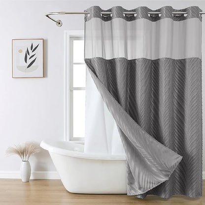 no Hook Shower Curtain and Liner Set，Boho Style with See Through Top Window, Grey Fabric Tufted Striped Textured Outer Curtain & Waterproof Inner Liner, Grey/Gray, 71Wx74H