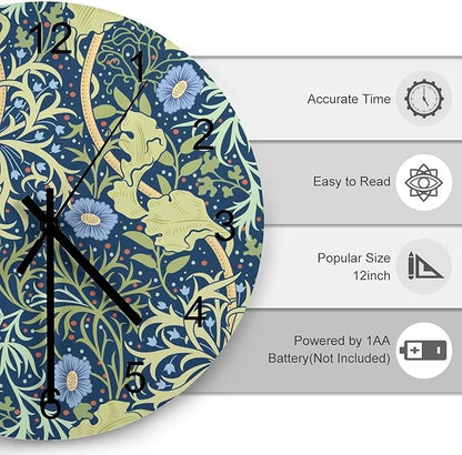 Retro Floral Wood Wall Clock, Vintage Botanical Garden Plants Herbs Flowers William Morris Style 12 Inch Silent Non-Ticking Battery Operated Round Clock for Bedroom Living Room Office Kitchen Decor