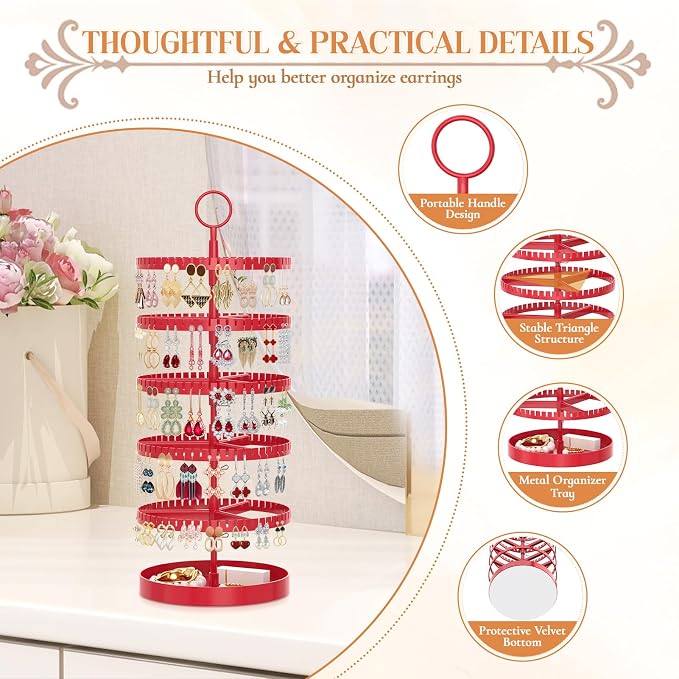 iDavosic.ly 5 Tier Rotating Earring Holder Organizer with Metal Tray, Adjustable Plastic Dangle Display Stands Tree with 285 Grooves, Large Hoop Storage Rack Tower, Red