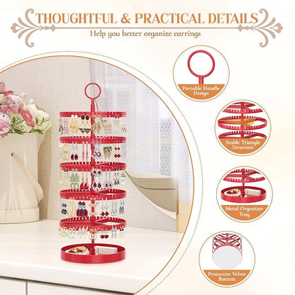 iDavosic.ly 5 Tier Rotating Earring Holder Organizer with Metal Tray, Adjustable Plastic Dangle Display Stands Tree with 285 Grooves, Large Hoop Storage Rack Tower, Red