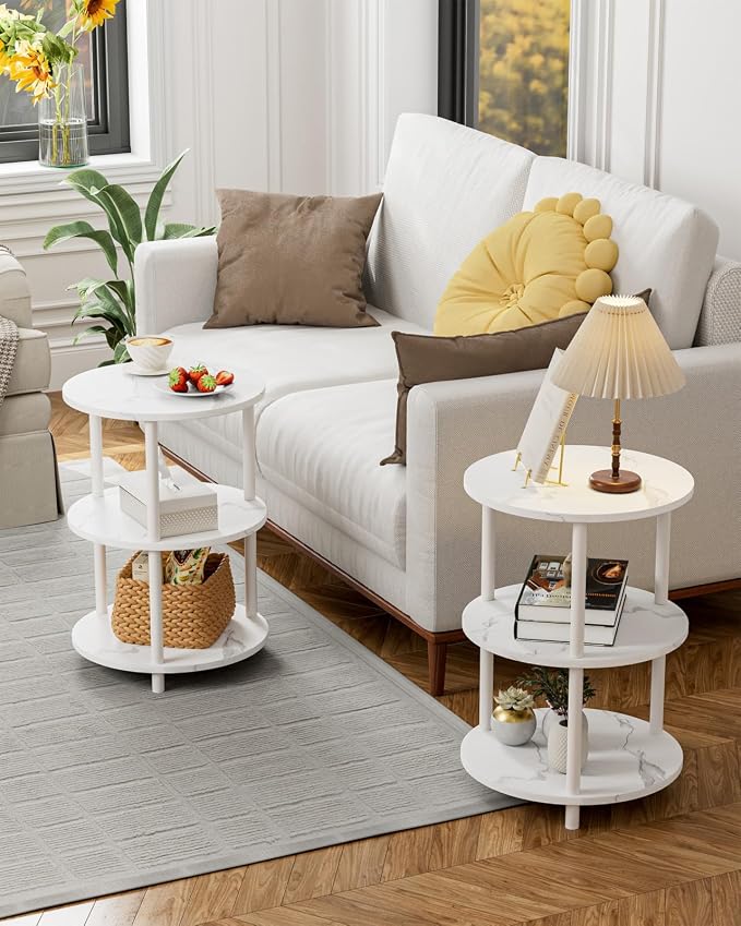 XBurmo Small Round End Table - 3 Tier Design Accent Table, Narrow Side or Bedside Stand, Industrial Vintage Nightstand for Bedroom, Living Room, or Small Spaces, Set of 2, Marble White