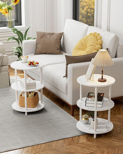 XBurmo Round Coffee Table for Living Room - Narrow Side or Bedside Stand, Industrial Vintage Nightstand for Bedroom, or Small Spaces, Marble White