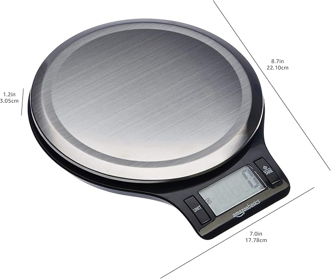 Amazon Basics Digital Kitchen Scale with LCD Display, Tare Function, Multiple Units, Weighs up to 11 Pounds, Batteries Included, Black and Stainless Steel