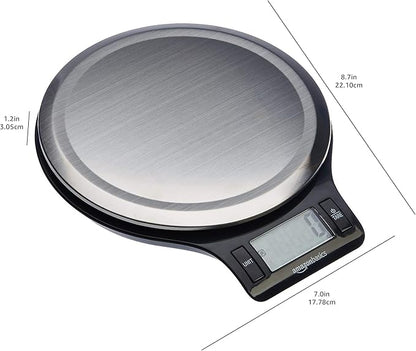 Amazon Basics Digital Kitchen Scale with LCD Display, Tare Function, Multiple Units, Weighs up to 11 Pounds, Batteries Included, Black and Stainless Steel