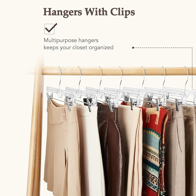 HOUSE DAY Clear Pants Hangers with Clips 200 Pack, Non-Slip Plastic Skirt Hanger with Adjustable Clips, Slim Clip Hangers for Pants, Skirts, Shorts, 14" Clear Hanger, 360-Rotating Swivel Hook