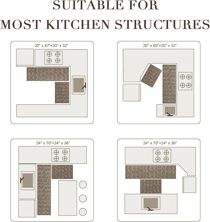 Kitchen Rugs Sets of 2-Non Slip Kitchen Mats for Floor-Thick Stain Resistant Vintage Kitchen Floor Mat Runner Carpet for Hallways Entryway Laundry Room Washable（Brown 22"x59"+20"x32"）
