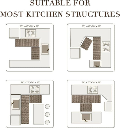 Kitchen Rugs Sets of 2-Non Slip Kitchen Mats for Floor-Thick Stain Resistant Vintage Kitchen Floor Mat Runner Carpet for Hallways Entryway Laundry Room Washable（Brown 24"x70"+24"x35"）