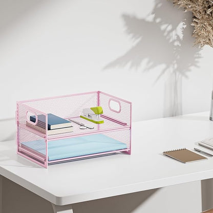 Marbrasse 2 Tier Paper Organizer Letter Tray, Mesh File Organizer with Handle, Paper Sorter Desk Organizer for Home Office Supplies - 2P Pink