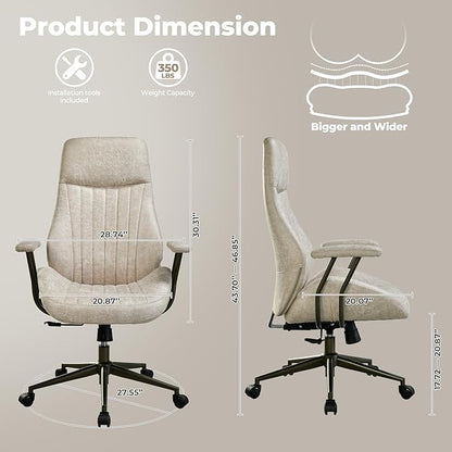 ovios Home Office Chair, Mid-Century Modern Faux Suede Leather Ergonomic Chairs, High Back Comfy Computer Swivel Rolling Task Executive Armchair, Beige