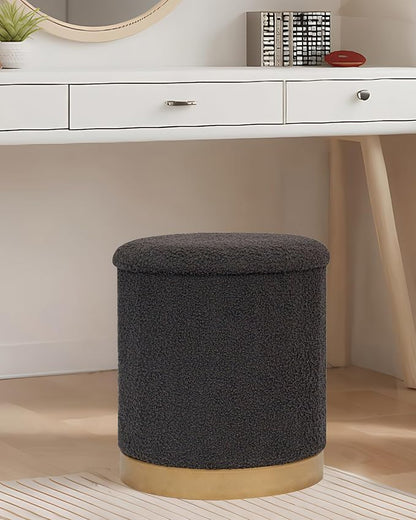 B FSOBEIIALEO Ottoman with Stroage, Round Boucle Storage Ottoman with Gold Plating Base,Foot Rest Stool for Dorm Room, Living Room Dark Grey, 14.76"x14.76"x16.34"