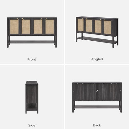 SICOTAS Rattan Sideboard Buffet Cabinet with Open Storage - Large Storage Cabinet with 4-Doors and Adjustable Shelves, Boho Credenza Coffee Bar Cabinets Buffet Table Console Table (1, Obsidian)