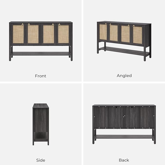 SICOTAS Rattan Sideboard Buffet Cabinet with Open Storage - Large Storage Cabinet with 4-Doors and Adjustable Shelves, Boho Credenza Coffee Bar Cabinets Buffet Table Console Table (2, Obsidian)