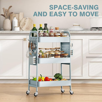 KINGRACK 3 Tier Rolling Cart with DIY Hanging Board, Metal Rolling Utility Cart with Wheels Handles Baskets Hooks, Rolling Storage Cart Suitable for Bathroom, Kitchen, Office, Nursery Diaper (Green)