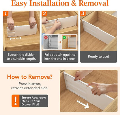 Lifewit 8" Tall 6 Pack Drawer Dividers, 13.8"-22.2" Adjustable Deep Drawer Organizer Clothes, Expandable White Plastic Separators for Dresser, Kitchen, Cabinet, Closet, Office Organization & Storage
