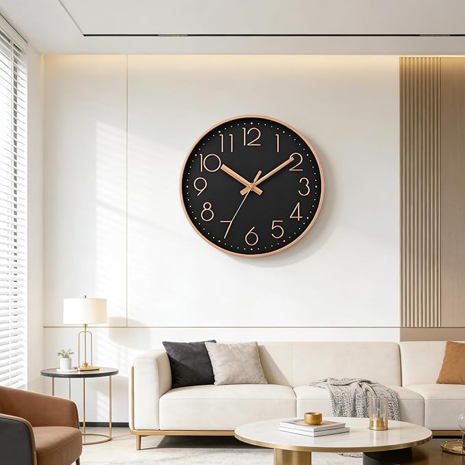 DAXSMY Wall Clock - 12 Inch Silent Non-Ticking Modern 3D Wall Clocks Battery Operated - Decorative Clock for Kitchen, Home Office, Bathroom, Bedroom, Living Room(Black)