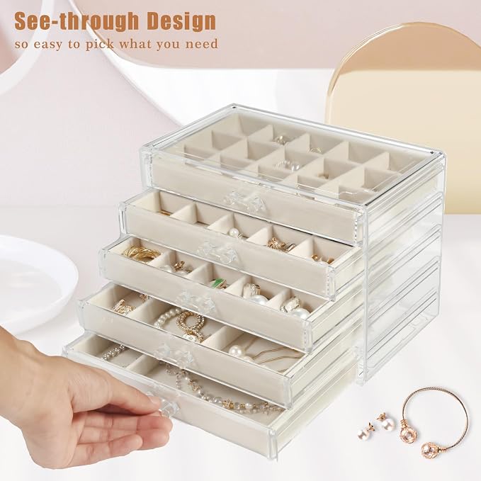 GUOER 5 Drawers Clear Jewelry Box for Women and Girls, Acrylic Earring Holder Organizer Ring Holder Display Storage, Mother's Day Warm White
