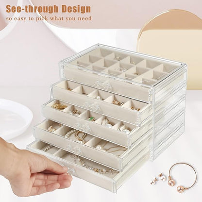 GUOER 5 Drawers Clear Jewelry Box for Women and Girls, Acrylic Earring Holder Organizer Ring Holder Display Storage, Mother's Day Warm White