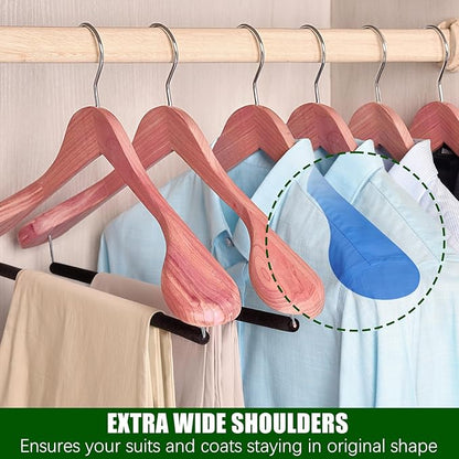 Amber Home 10 Pack American Red Cedar Wood Coat, Suit Hangers with Extra Wide Shoulder, Wooden Jacket Clothes Hanger Smooth Deluxe Aromatic Natural Cedar with Non Slip Velvet Pant Bar