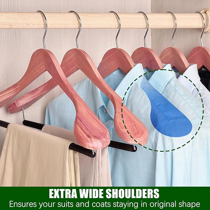 Amber Home 5 Pack American Red Cedar Wood Coat, Suit Hangers with Extra Wide Shoulder, Wooden Jacket Clothes Hanger Smooth Deluxe Aromatic Natural Cedar with Non Slip Velvet Pant Bar