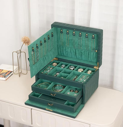 Genuine Leather Jewelry Box – 3 Layer Large Jewelry Organizer with Mirror, Lockable Jewelry Box for Women – Necklace, Ring, Earring Organizer with Drawer - Gifts(Green)