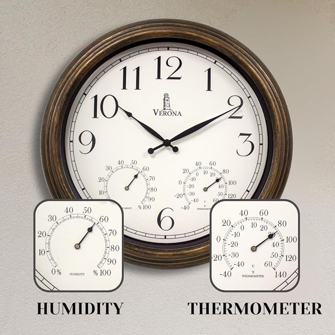Outdoor Clocks for Patio Large Waterproof with Thermometer - 18 inch Indoor Outdoor Wall Clock with Temperature and Humidity Combo - Weatherproof, Accurate & Easy to Read for Pool, Garden & Home Decor