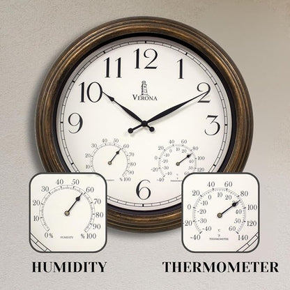 Outdoor Clocks for Patio Large Waterproof with Thermometer - 18 inch Indoor Outdoor Wall Clock with Temperature and Humidity Combo - Weatherproof, Accurate & Easy to Read for Pool, Garden & Home Decor
