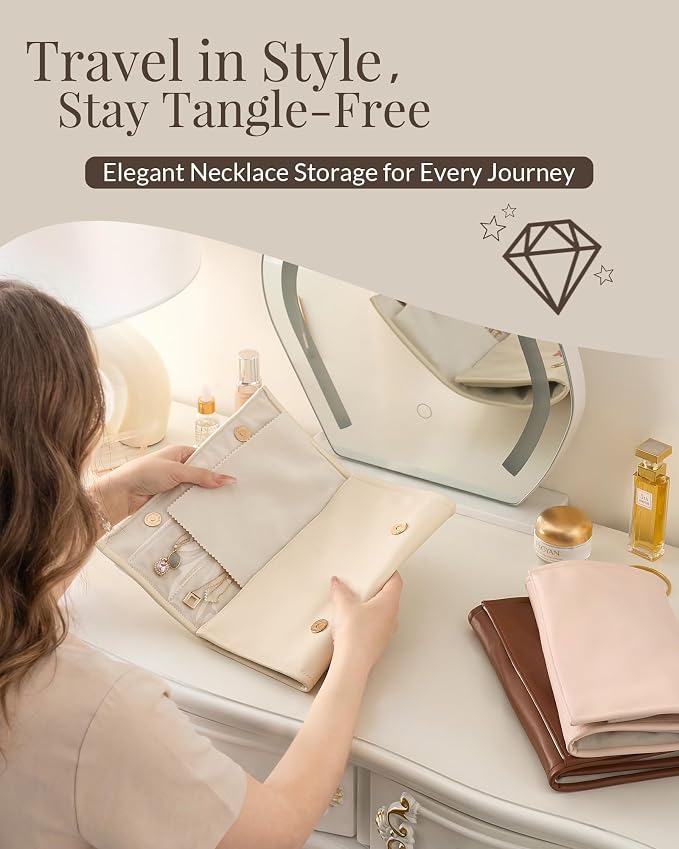 Lolalet Travel Necklace Organizer, Tangle-Free Necklace Case for Travel, Foldable Roll Up Jewelry Storage Bag for Necklaces Chains Bracelets, Beige, 12 Slots Holder