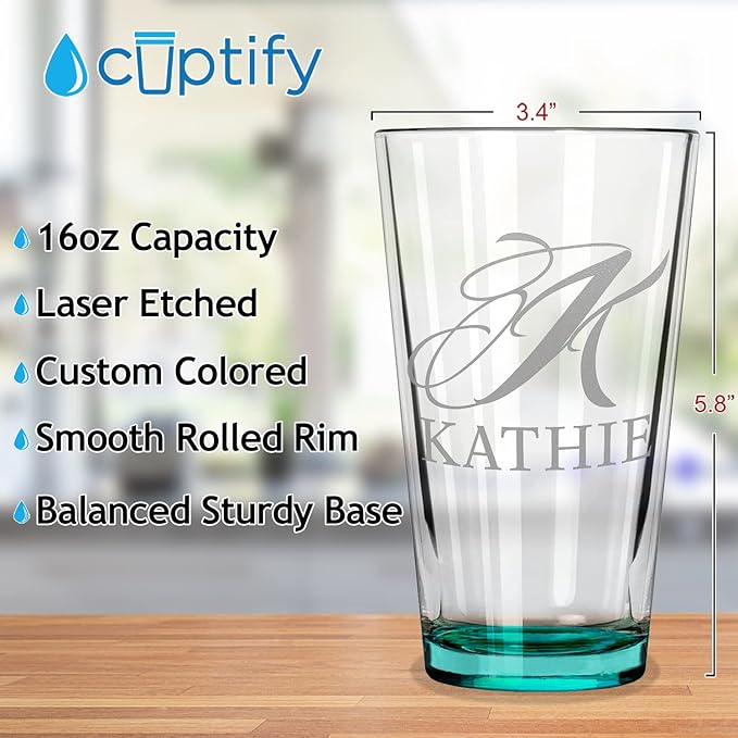 Personalized Beer Glasses Set of 2 Engraved Teal 16oz Pint Glasses for Men & Women, Custom Drinking Gift for Birthdays, Weddings, Father’s Day & More
