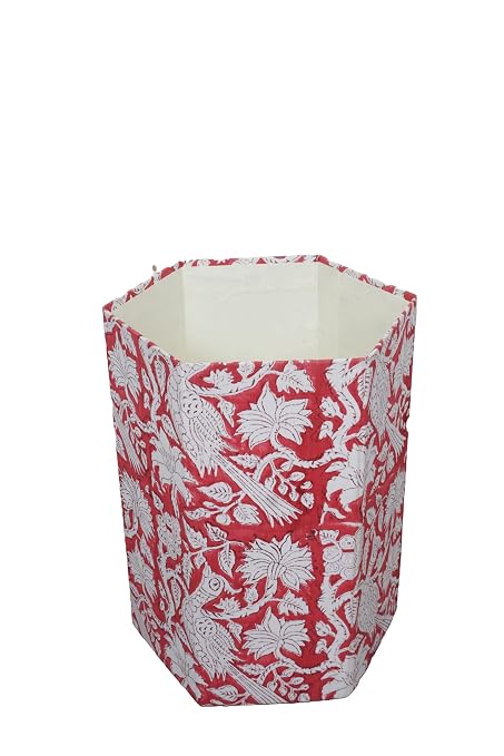 Generic 3.3 Gallon Cotton Hand Block Printed Paper Waste Basket |Small Decorative Trash Can for Housewarming Gifts in Living Room, Bedroom, Bathroom | Eco-Friendly, Plastic-Free (1, RED White MOR)