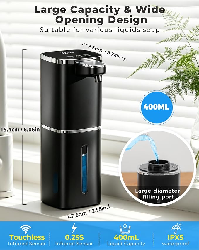 Automatic Foaming Soap Dispenser Touchless, USB Rechargeable Smart Hand Soap Dispenser, 9-Level Adjustable, 13.5oz/400mL,IPX5 Waterproof, Wall/Tabletop Kitchen Bathroom, Black