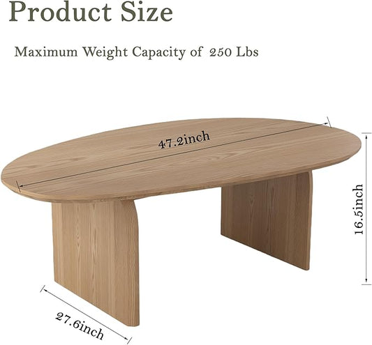 Honyee Oval Coffee Table, 47.2" Wood Coffee Table for Living Room, Modern Wooden Center Table with Solid Wood Veneer Legs, Sturdy Rounded Edge Design, Easy Assembly, Apartment Friendly, Natural