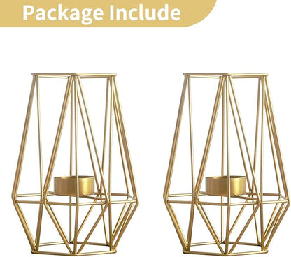 2 Pcs Metal Hexagon Shaped Geometric Design Tea Light Votive Candle Holders, Iron Hollow Tealight Candle Holders for Vintage Wedding Home Decoration, Gold (L + L)