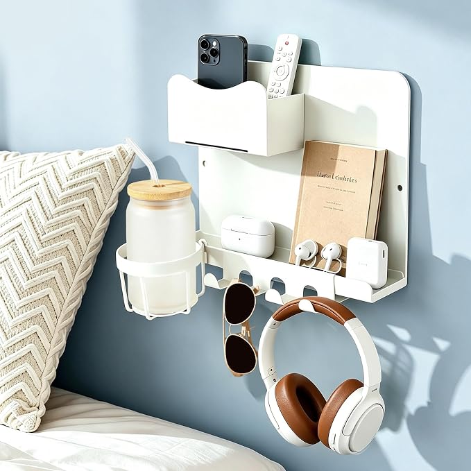 Floating Shelves for Wall Decor, Bedside Shelf for Bedroom Decor,Dorm Room Essentials for Girls, Remote Control Holder, Wall Mount Organizer, College Dorm Essentials for Girls, White