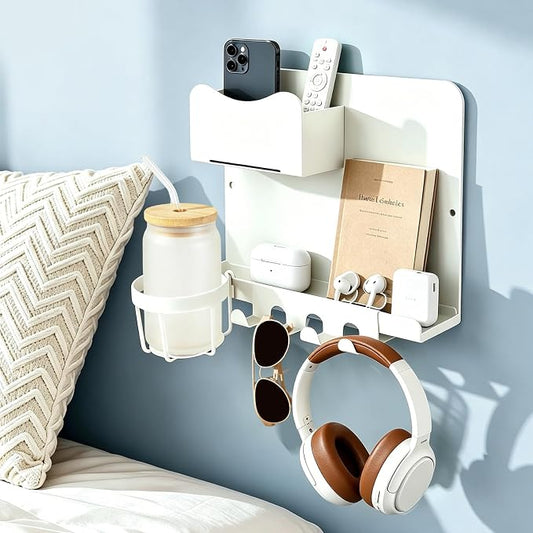 Floating Shelves for Wall Decor, Bedside Shelf for Bedroom Decor,Dorm Room Essentials for Girls, Remote Control Holder, Wall Mount Organizer, College Dorm Essentials for Girls, White